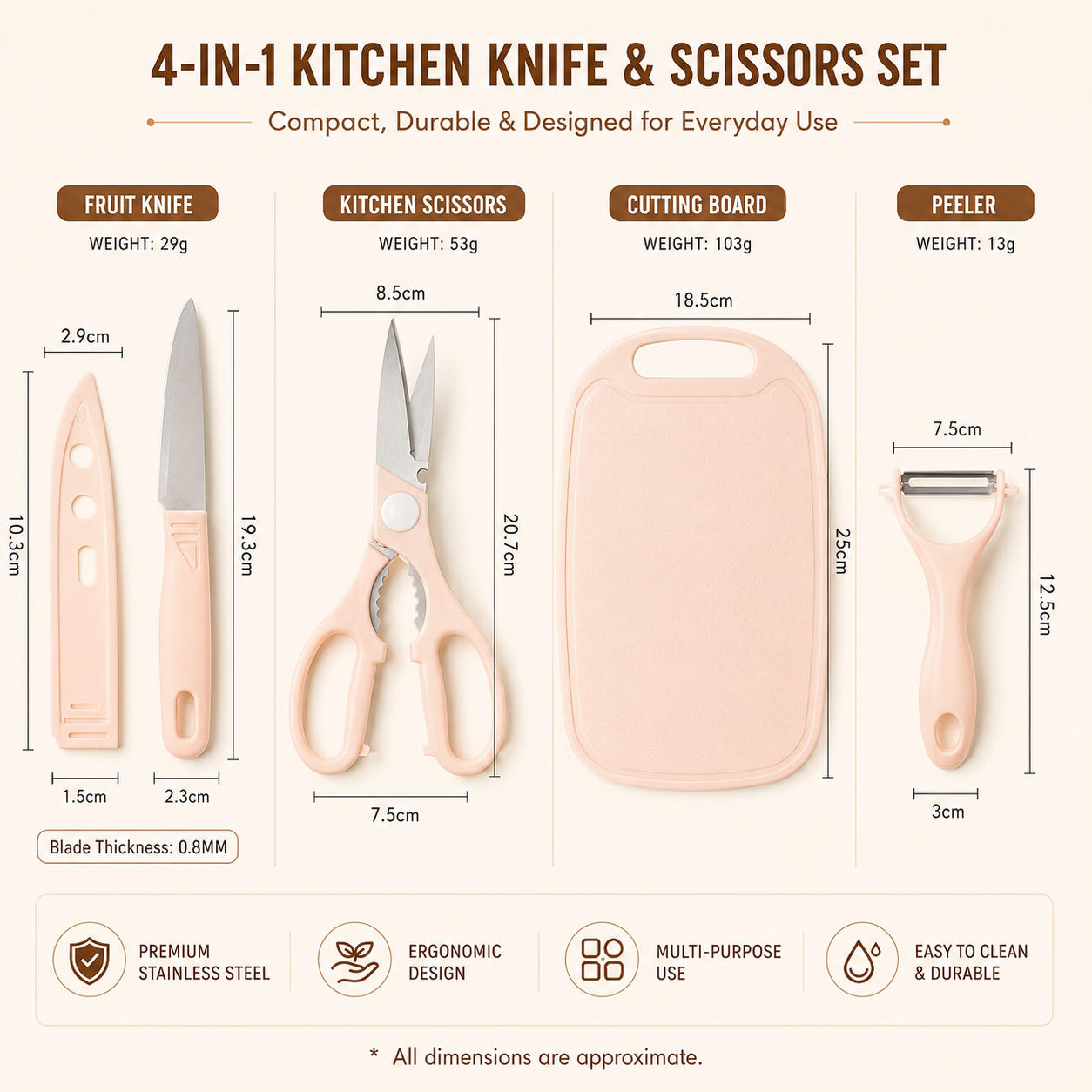 4 in 1 Stainless Steel Kitchen Knife, Scissors, Peeler and Cutting Board Set