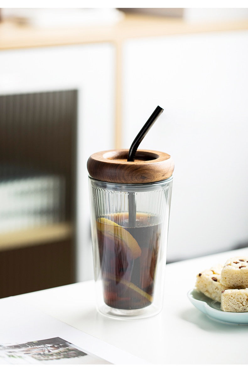 Double Layer Borosilicate Glass Straw Cup with Wooden Lid(500ml)