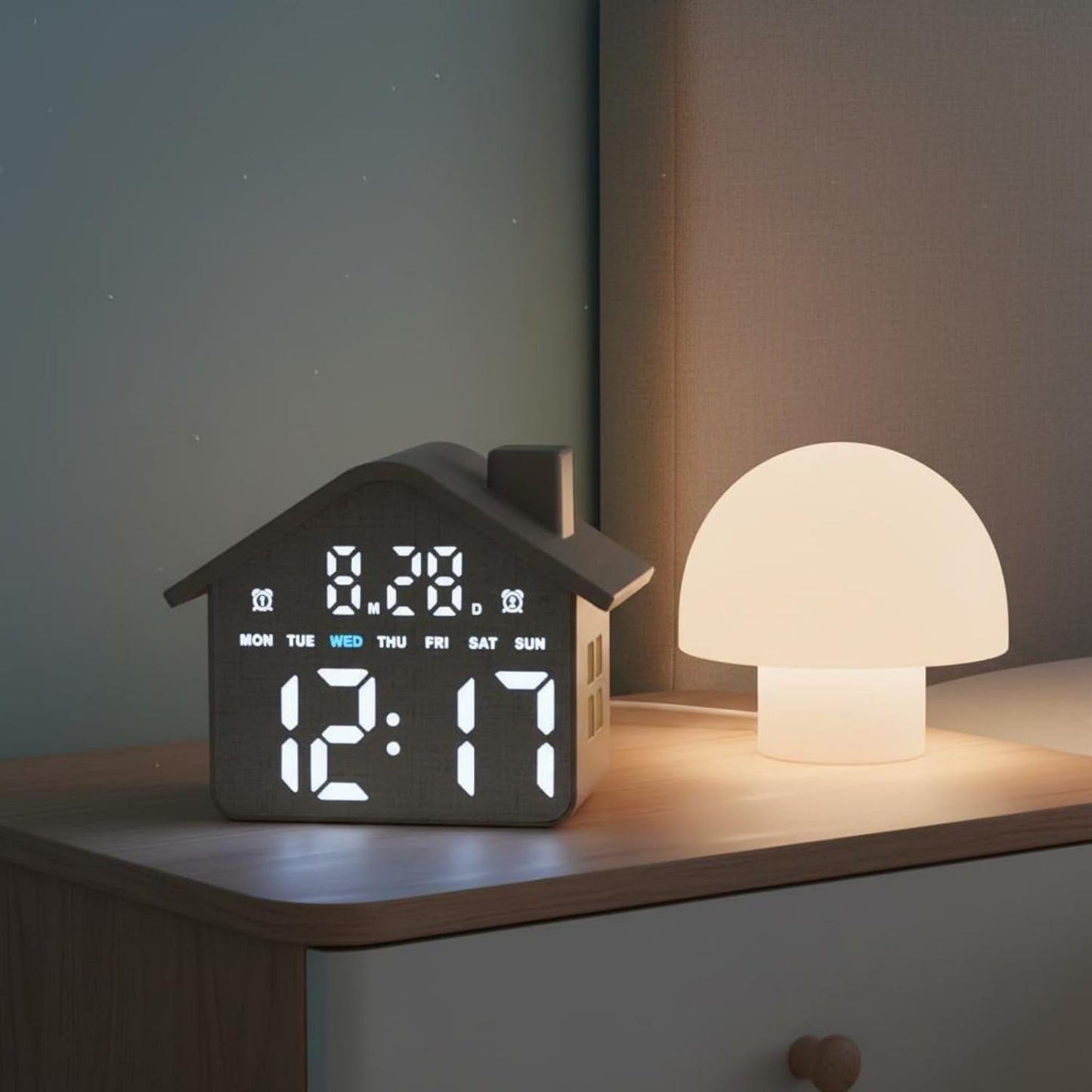 CozyNest™ LED House Alarm Clock with Date and Day Display Bedside Night Light Timepiece and Adjustable Brightness