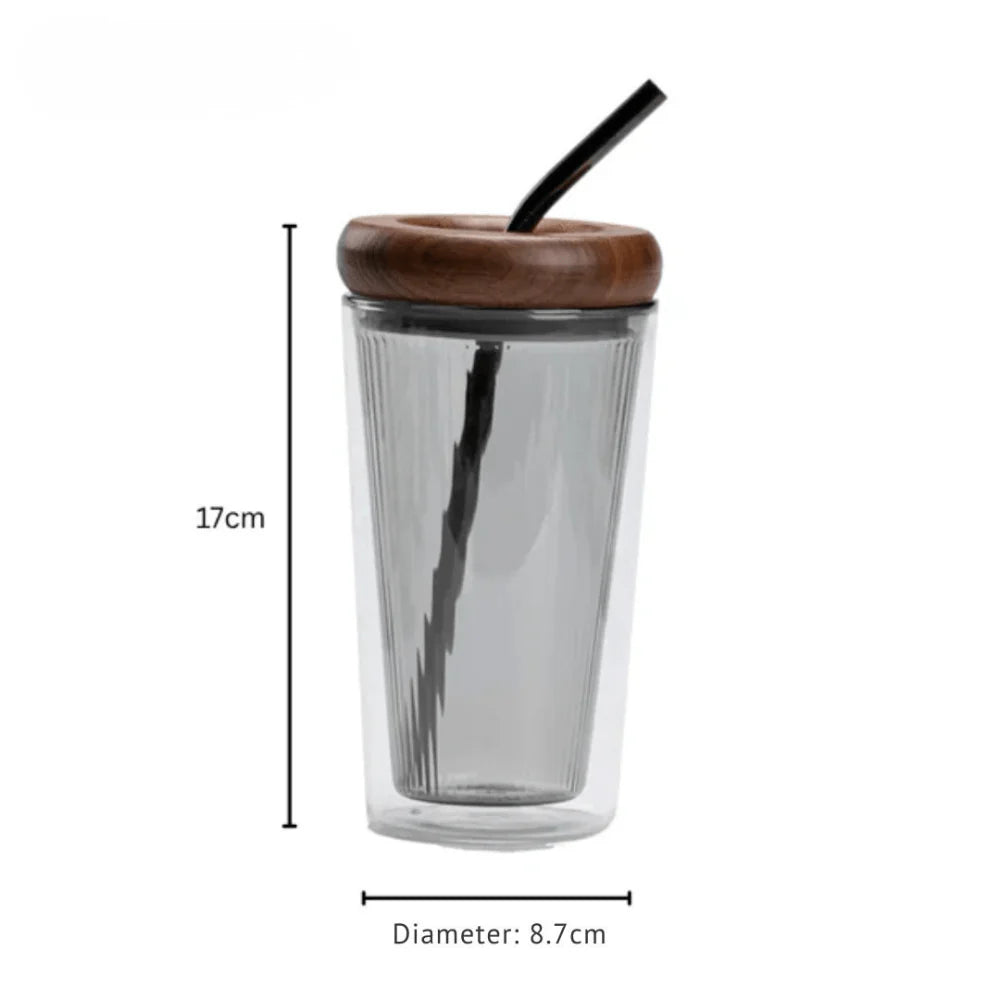 Double Layer Borosilicate Glass Straw Cup with Wooden Lid(500ml)