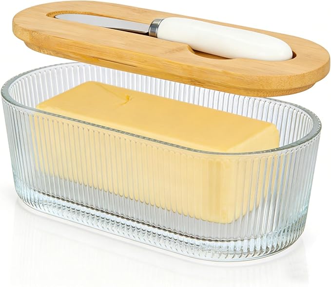 Fluted Glass Butter Dish With Lid For Countertop, Ribbed Glass Butter Dish With Bamboo Lid And Knife, Large Butter Container For East & West Coast Butter, Covered Butter Dishes For Refrigerator