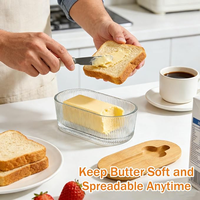 Fluted Glass Butter Dish With Lid For Countertop, Ribbed Glass Butter Dish With Bamboo Lid And Knife, Large Butter Container For East & West Coast Butter, Covered Butter Dishes For Refrigerator