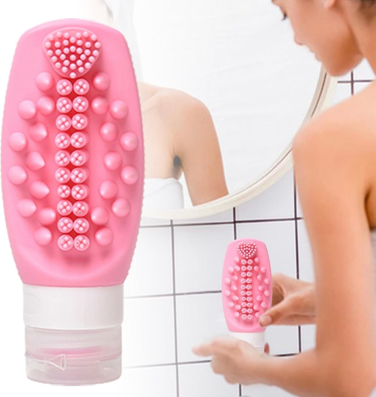 2 in 1 Silicone Travel Bottles with Built-in Scalp Scrubber 90ml (2 Pack)