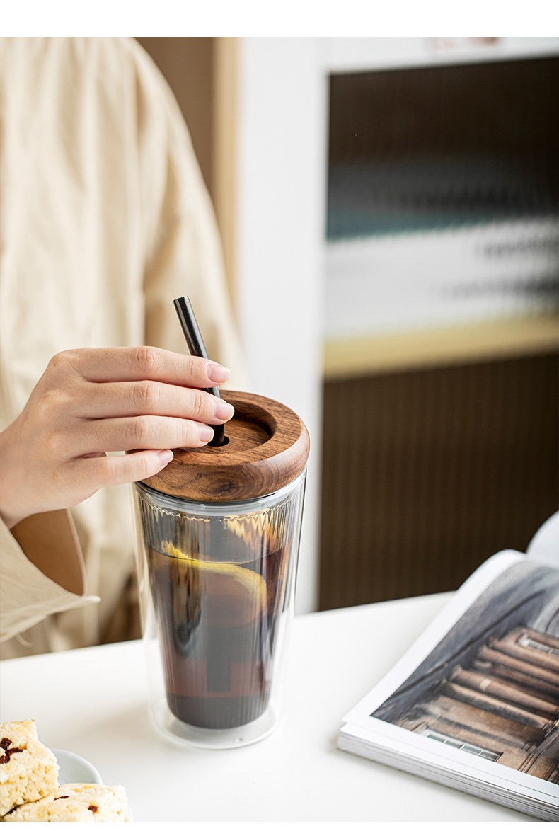 Double Layer Borosilicate Glass Straw Cup with Wooden Lid(500ml)