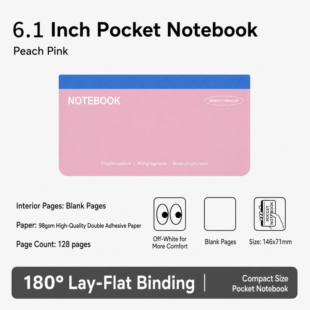 6.1 inch Hard Cover Pocket Note Book with 180 Degree Lay Flat Binding