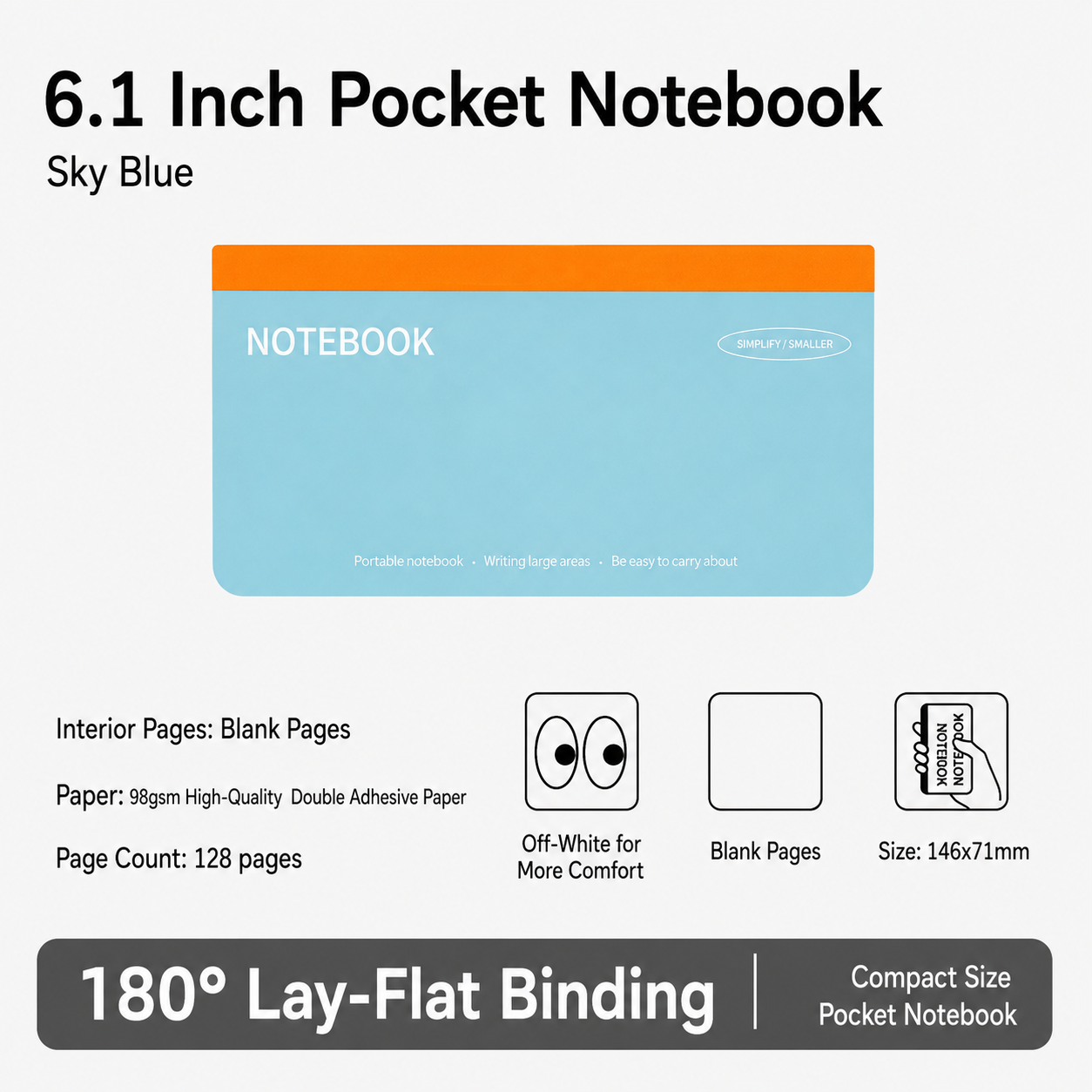 6.1 inch Hard Cover Pocket Note Book with 180 Degree Lay Flat Binding