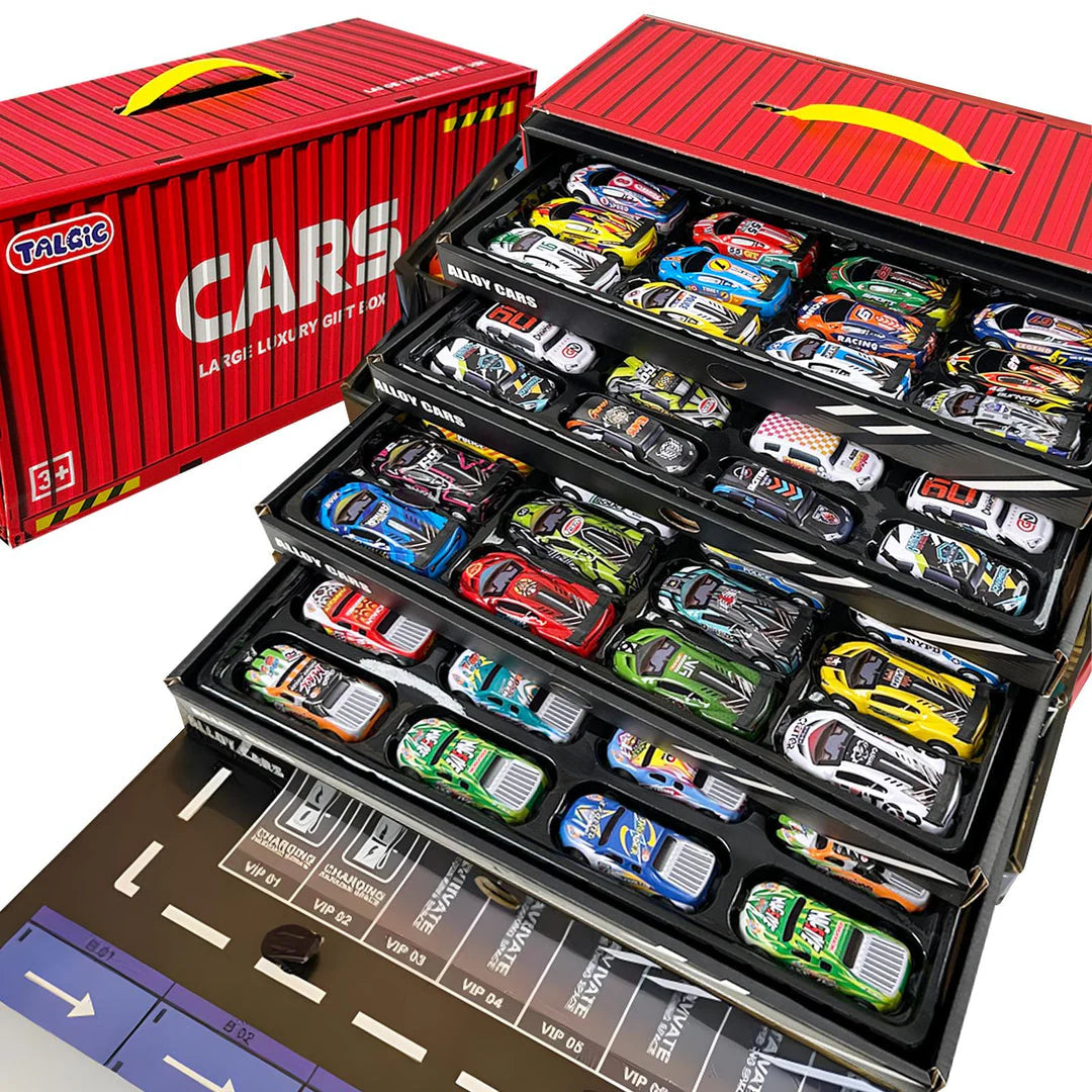 48pc Alloy Pull Back Car Set - Luxury Container Gift Box | Racing Cars with Tracks