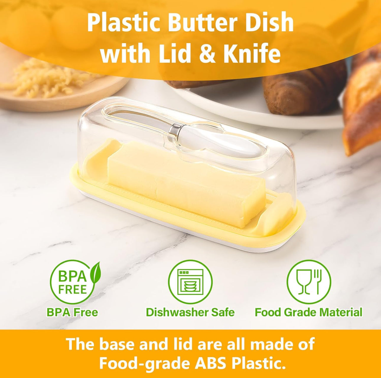 No Mess Food Grade Plastic Butter Dish with Lid Removable Silicone base and Knife