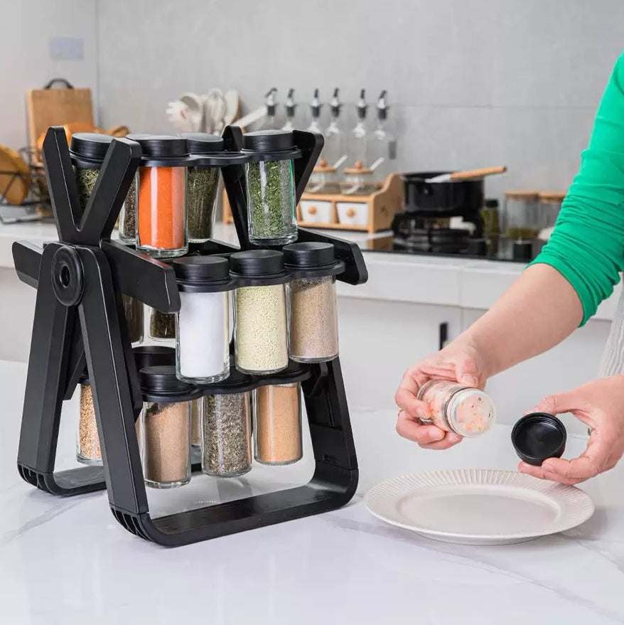 Rotating Kitchen Spice Organiser Set with Labels, Funnel and Marker
