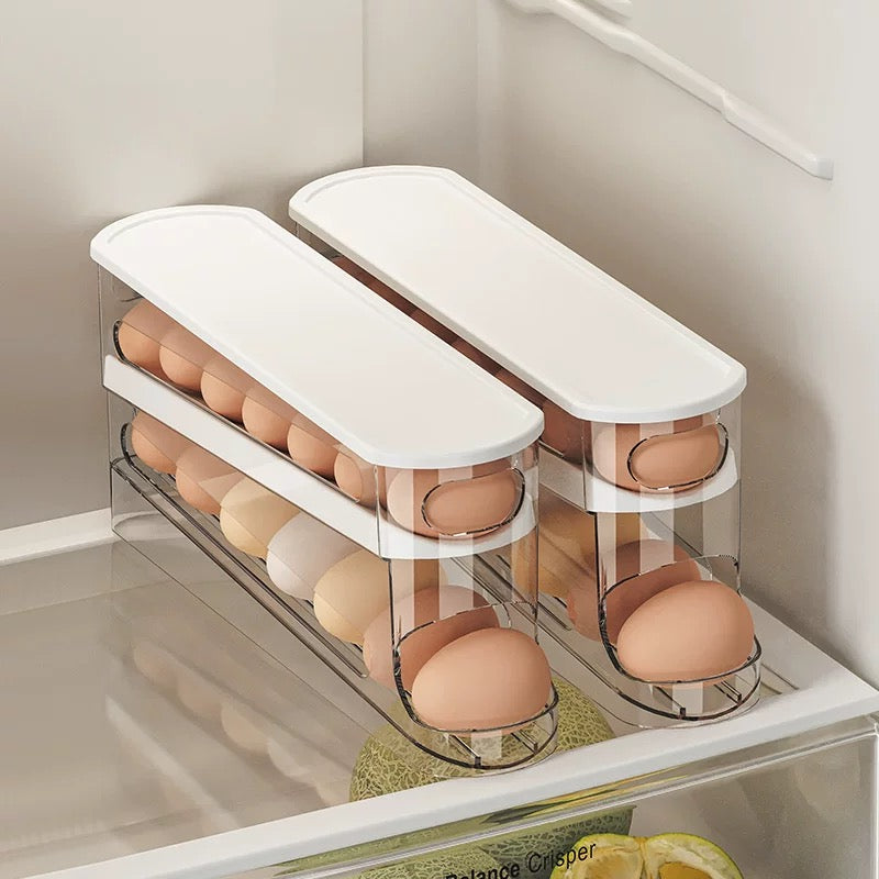 Anti-Fall Dual-Tier Egg Dispenser for Refrigerator with Automatic Rolling System