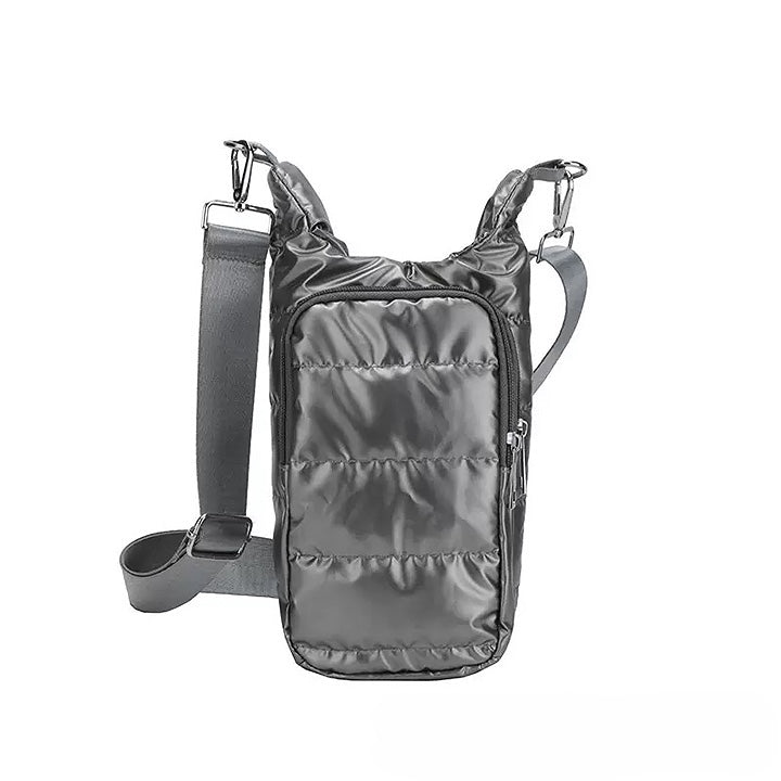 The Voyager Puffer Sling™ Premium Insulated Bottle Carrier Bag – Quilted Water Bottle Sling with Adjustable Shoulder Strap, Lightweight Puffer Bottle Holder, Drawstring Closure & Front Pocket for Travel, Office, Gym & Everyday Use