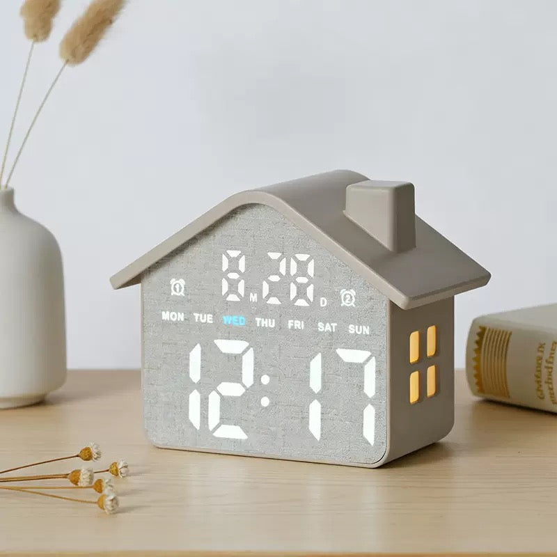 CozyNest™ LED House Alarm Clock with Date and Day Display Bedside Night Light Timepiece and Adjustable Brightness