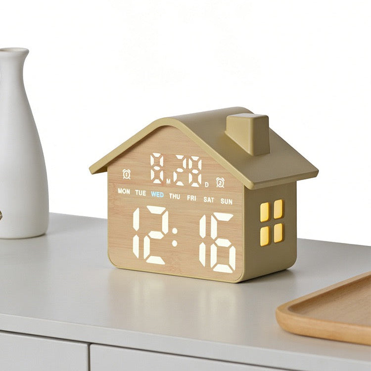 CozyNest™ LED House Alarm Clock with Date and Day Display Bedside Night Light Timepiece and Adjustable Brightness