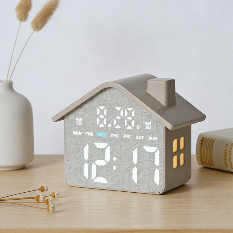 CozyNest™ LED House Alarm Clock with Date and Day Display Bedside Night Light Timepiece and Adjustable Brightness