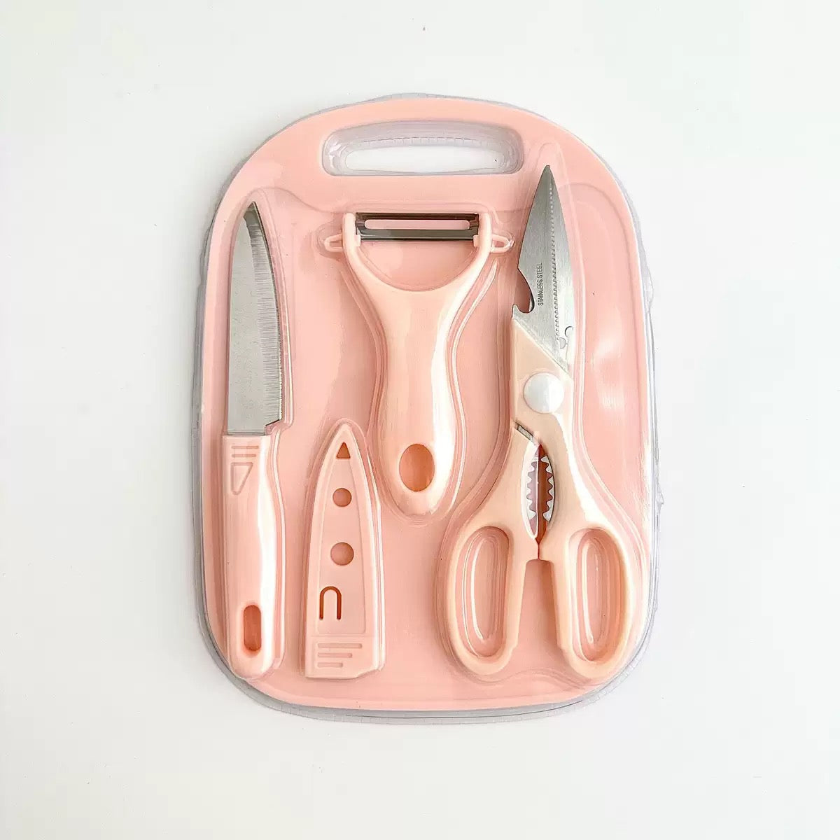 4 in 1 Stainless Steel Kitchen Knife, Scissors, Peeler and Cutting Board Set