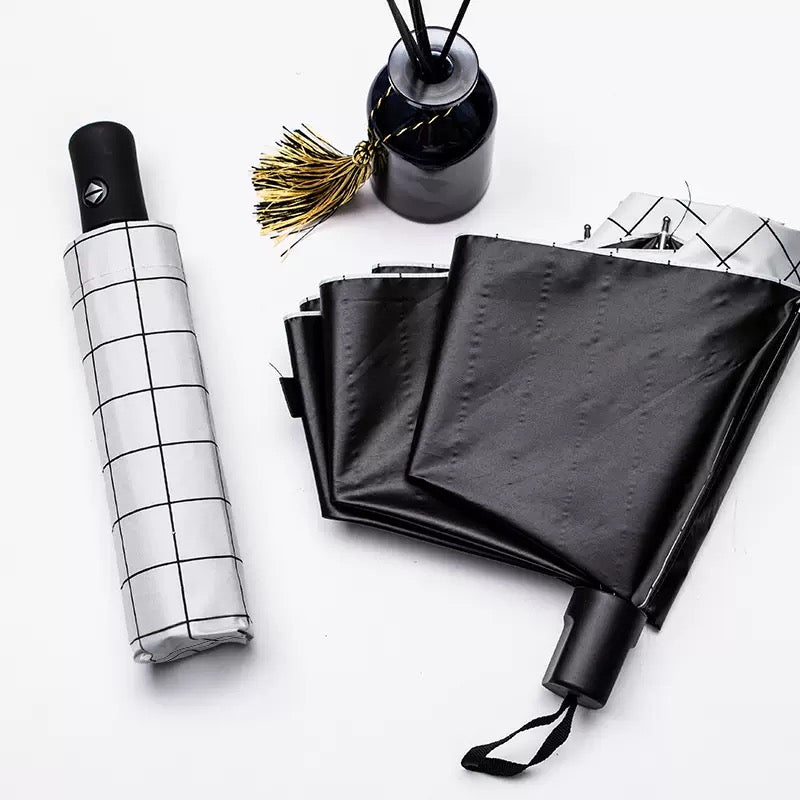 CheckMate™ Automatic Folding Umbrella for Men & Women | 100cm Canopy | Windproof & Water-Resistant | Compact 28cm Folded Size | Auto Open Travel Umbrella | 54cm Tall | Black & White Grid Design