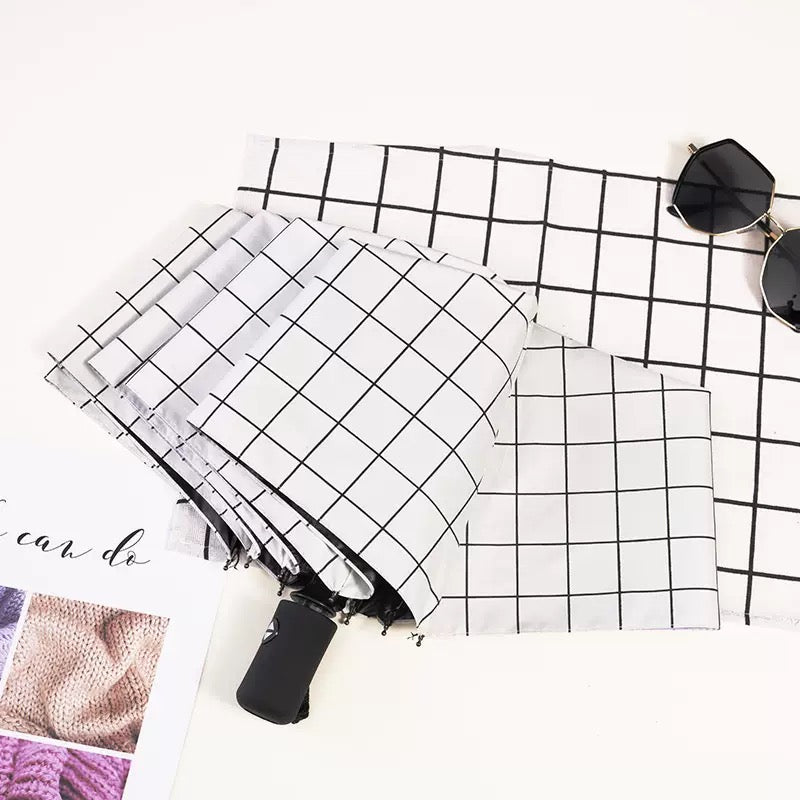 CheckMate™ Automatic Folding Umbrella for Men & Women | 100cm Canopy | Windproof & Water-Resistant | Compact 28cm Folded Size | Auto Open Travel Umbrella | 54cm Tall | Black & White Grid Design