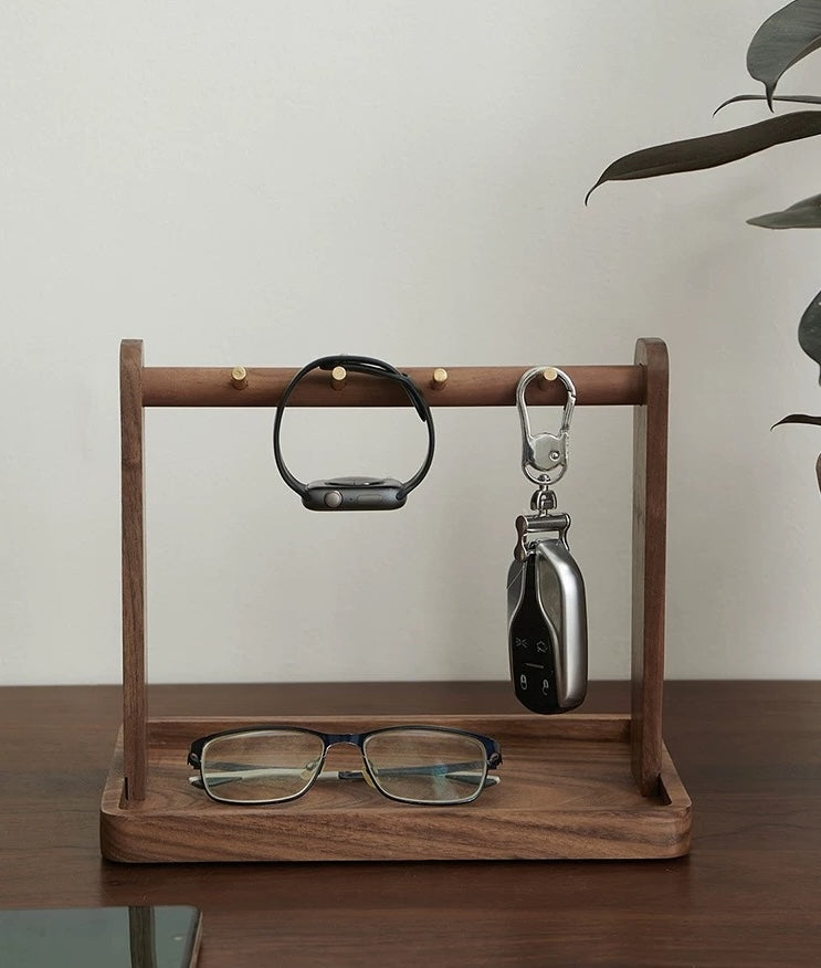 Solid Wooden Trinket Tray with Brass Hooks