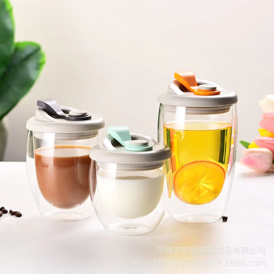 Double Layer Glass Cup with Lid