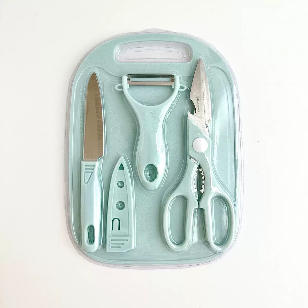 4 in 1 Stainless Steel Kitchen Knife, Scissors, Peeler and Cutting Board Set