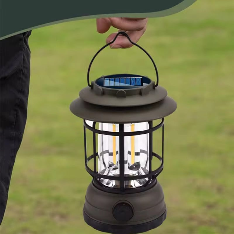 Solar Powered & Rechargeable Retro Camping Light with Replaceable Lithium ion Battery