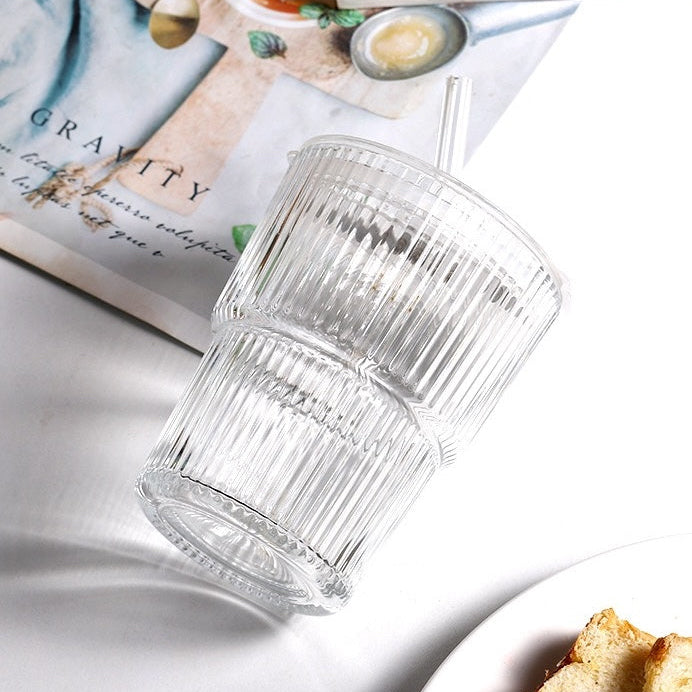 SipEase™ 450ml Fluted Glass-Look Tumbler with Lid & Straw | Reusable Coffee, Tea & Juice Cup