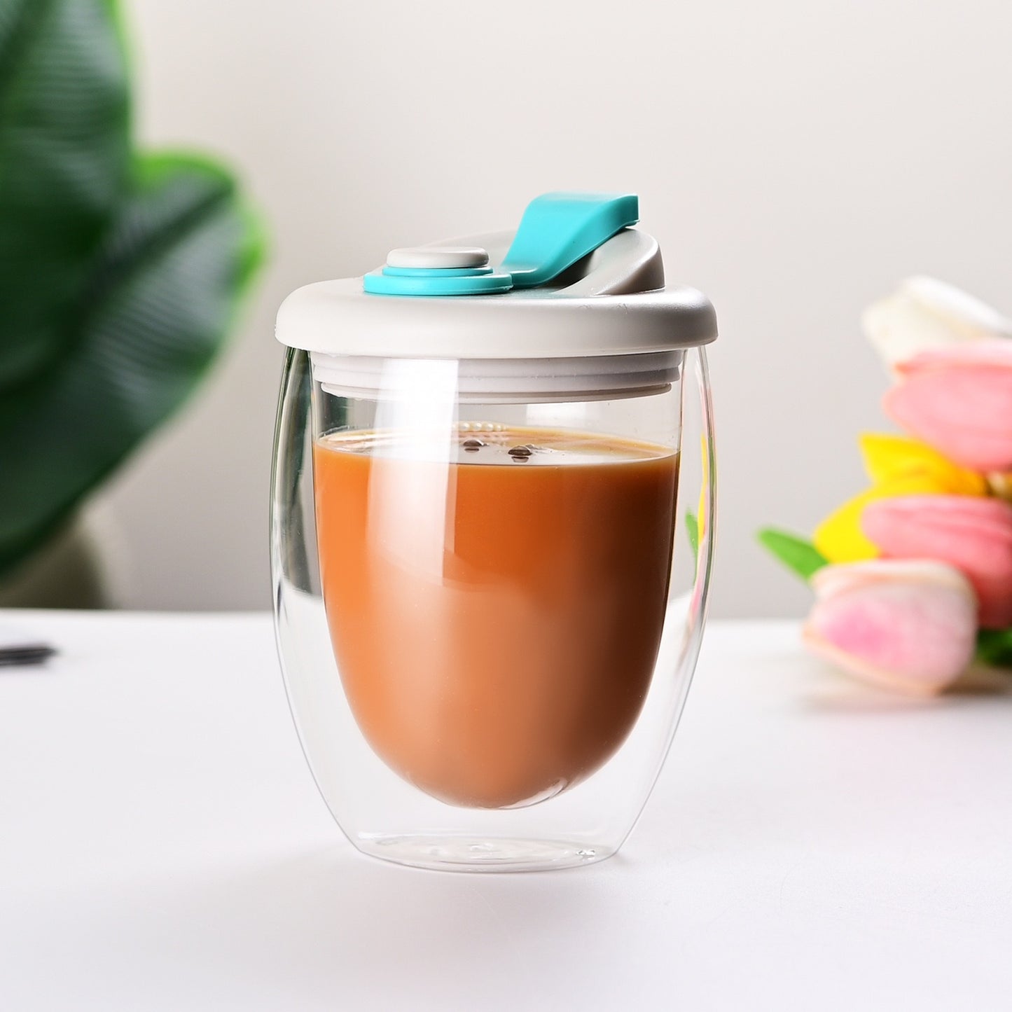 Double Layer Glass Cup with Lid
