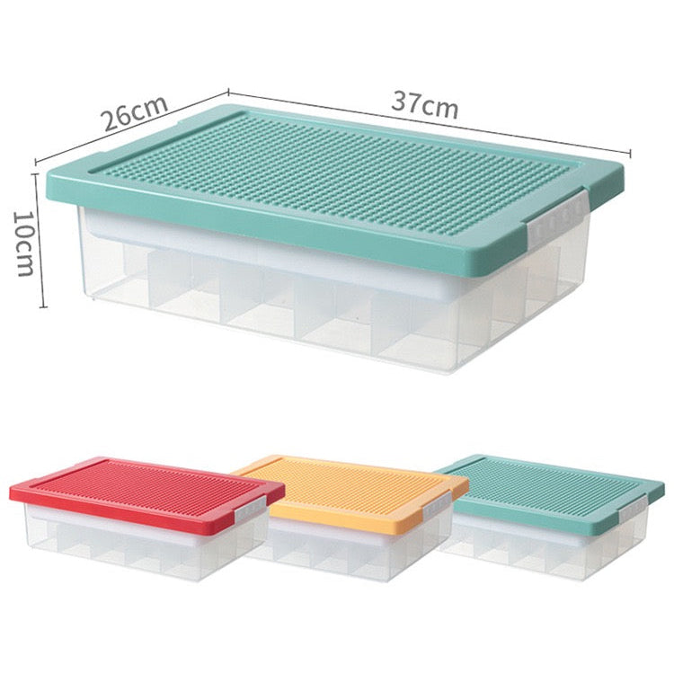 Toys Storage Organizer Box for Lego, Toy Storage Box with Building Plate Lid and Removable Tray, Building Block Storage, Stackable Plastic Organizer Bins