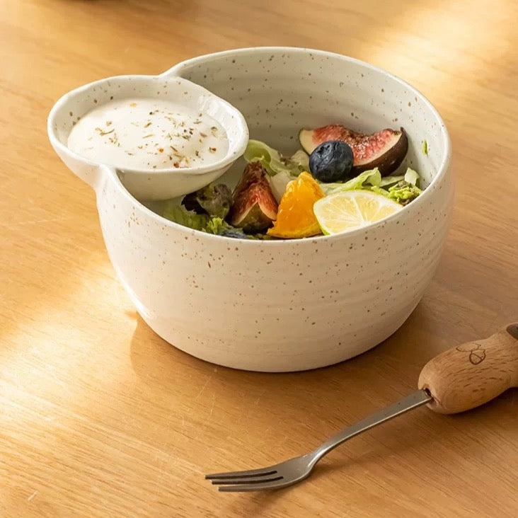 Handmade Ceramic Salad Bowl with attached Dressing/Dip bowl