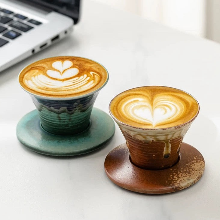 Japanese-theme Ceramic Cone Tea Cup with Base (Set of 2)