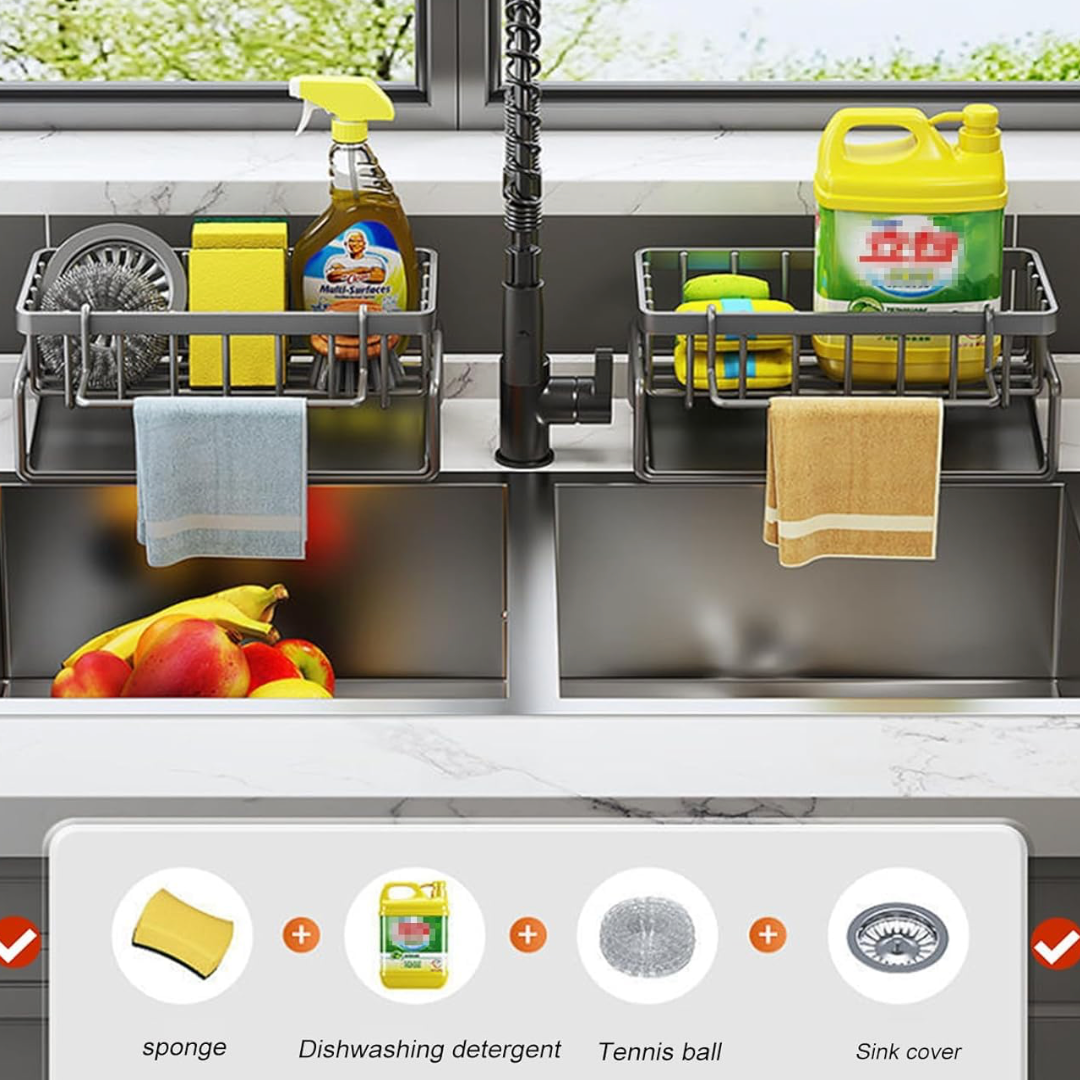 Sink Caddy Kitchen Sink Organizer Rack with Automatic Drain Tray | Stainless Steel Countertop Storage Holder for Sponges, Soap, Brushes & Dishwashing Liquid – Rustproof & Quick Dry Design