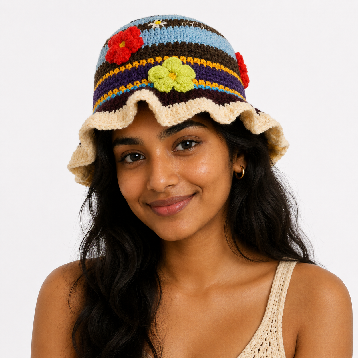 BloomWeave™ Handmade Crochet Floral Sun Hat for Women | Lightweight Knitted Bucket Hat with Decorative Flowers | Boho Summer Beach & Vacation Hat