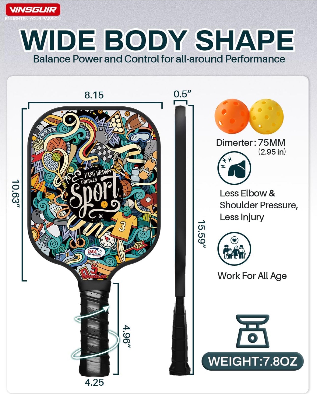 Vinsguir Pickleball Paddle Set - 2 Premium Graphite Rackets Honeycomb Composite Core with Cushion Comfort Grip & 4 Balls & Portable Racquet Bag (Hand Drawn Doodles + 3 Outdoor Balls +1 Indoor Ball+ Bag)