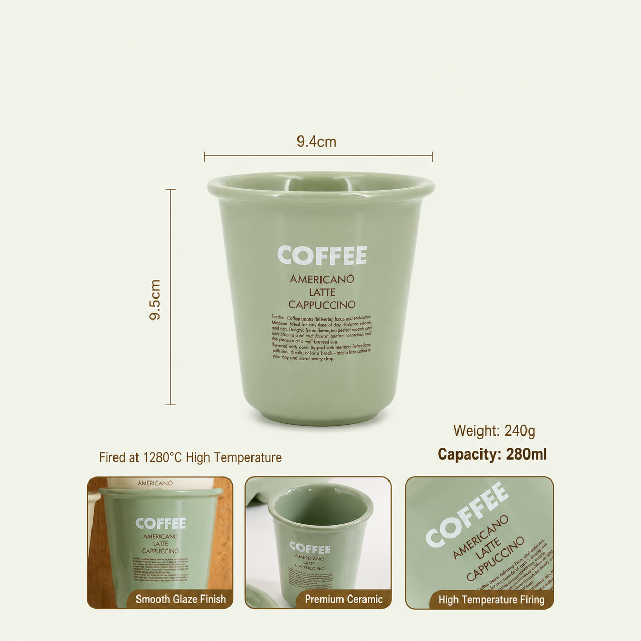 The Roasted Sip High Density Premium High Glaze Ceramic Coffee Cups