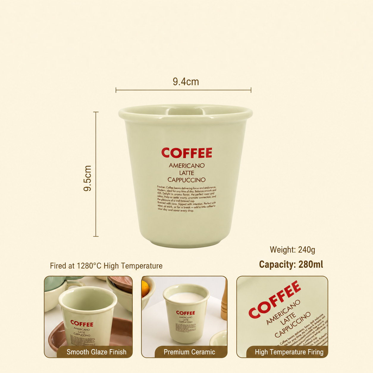 The Roasted Sip High Density Premium High Glaze Ceramic Coffee Cups