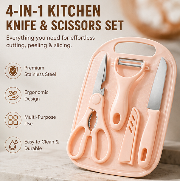 4 in 1 Stainless Steel Kitchen Knife, Scissors, Peeler and Cutting Board Set