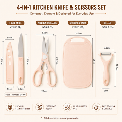 4 in 1 Stainless Steel Kitchen Knife, Scissors, Peeler and Cutting Board Set
