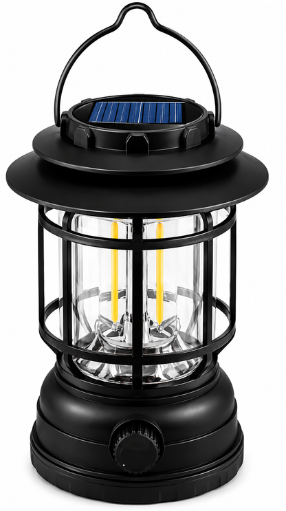 Solar Powered  & Rechargeable Retro Camping Light with Replaceable Lithium ion Battery