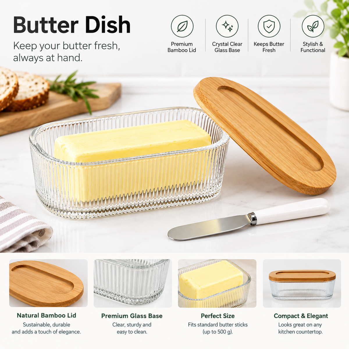 Fluted Glass Butter Dish With Lid For Countertop, Ribbed Glass Butter Dish With Bamboo Lid And Knife, Large Butter Container For East & West Coast Butter, Covered Butter Dishes For Refrigerator