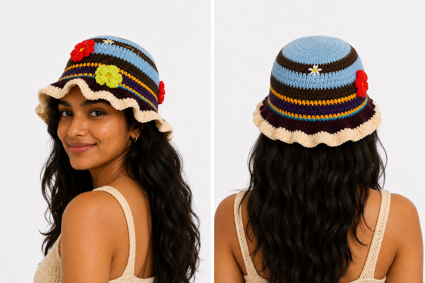 BloomWeave™ Handmade Crochet Floral Sun Hat for Women | Lightweight Knitted Bucket Hat with Decorative Flowers | Boho Summer Beach & Vacation Hat