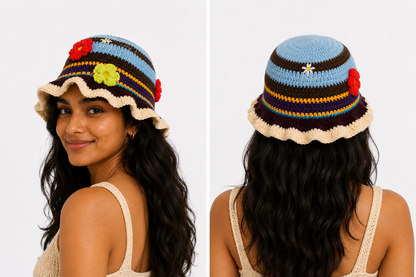 BloomWeave™ Handmade Crochet Floral Sun Hat for Women | Lightweight Knitted Bucket Hat with Decorative Flowers | Boho Summer Beach & Vacation Hat