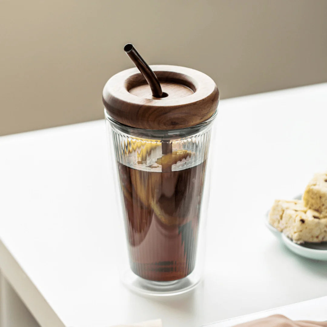 Double Layer Borosilicate Glass Straw Cup with Wooden Lid(500ml)