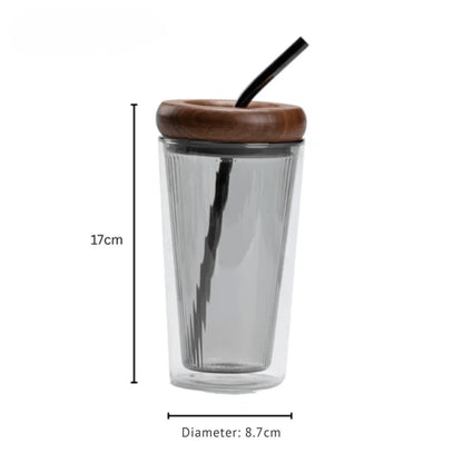 Double Layer Borosilicate Glass Straw Cup with Wooden Lid(500ml)