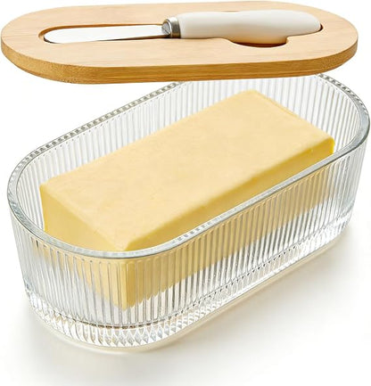 Fluted Glass Butter Dish With Lid For Countertop, Ribbed Glass Butter Dish With Bamboo Lid And Knife, Large Butter Container For East & West Coast Butter, Covered Butter Dishes For Refrigerator