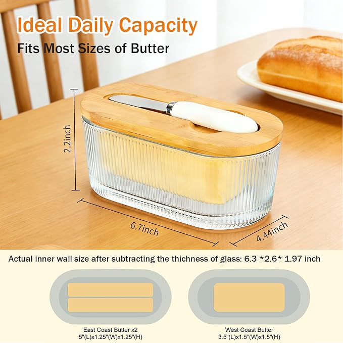 Fluted Glass Butter Dish With Lid For Countertop, Ribbed Glass Butter Dish With Bamboo Lid And Knife, Large Butter Container For East & West Coast Butter, Covered Butter Dishes For Refrigerator