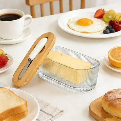 Fluted Glass Butter Dish With Lid For Countertop, Ribbed Glass Butter Dish With Bamboo Lid And Knife, Large Butter Container For East & West Coast Butter, Covered Butter Dishes For Refrigerator