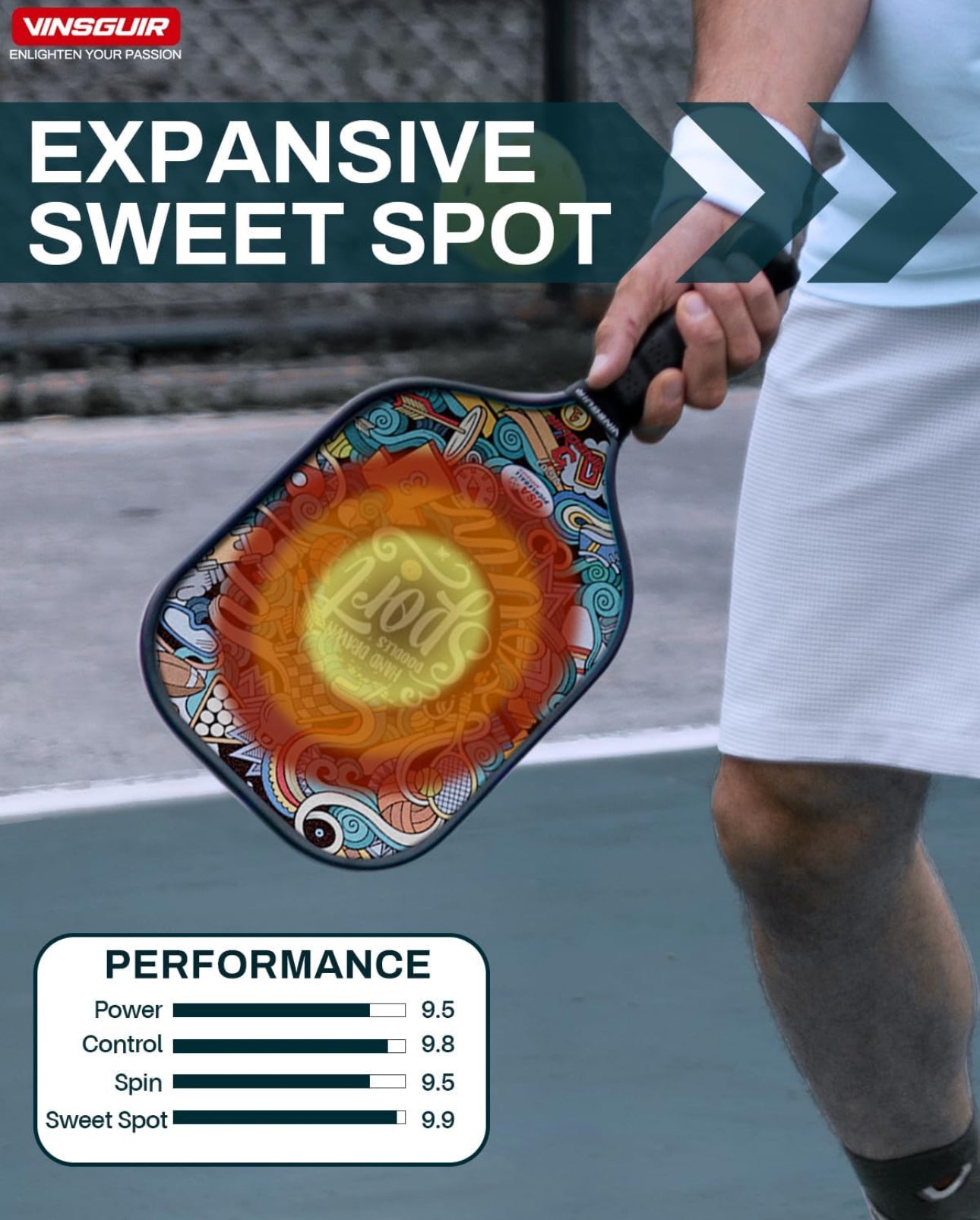 Vinsguir Pickleball Paddle Set - 2 Premium Graphite Rackets Honeycomb Composite Core with Cushion Comfort Grip & 4 Balls & Portable Racquet Bag (Hand Drawn Doodles + 3 Outdoor Balls +1 Indoor Ball+ Bag)
