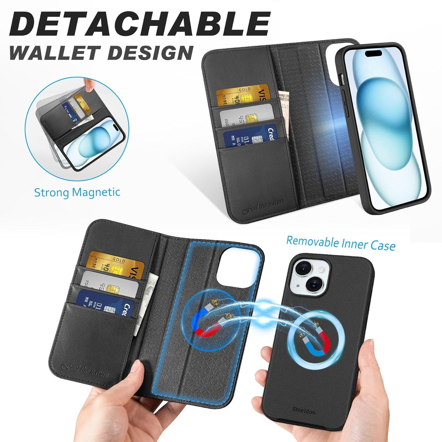 2 in 1 iPhone Detachable Wireless Charging Folio MagSafe Case and Cover RFID Blocking Card wallet Slots Removable Cover for iPhone