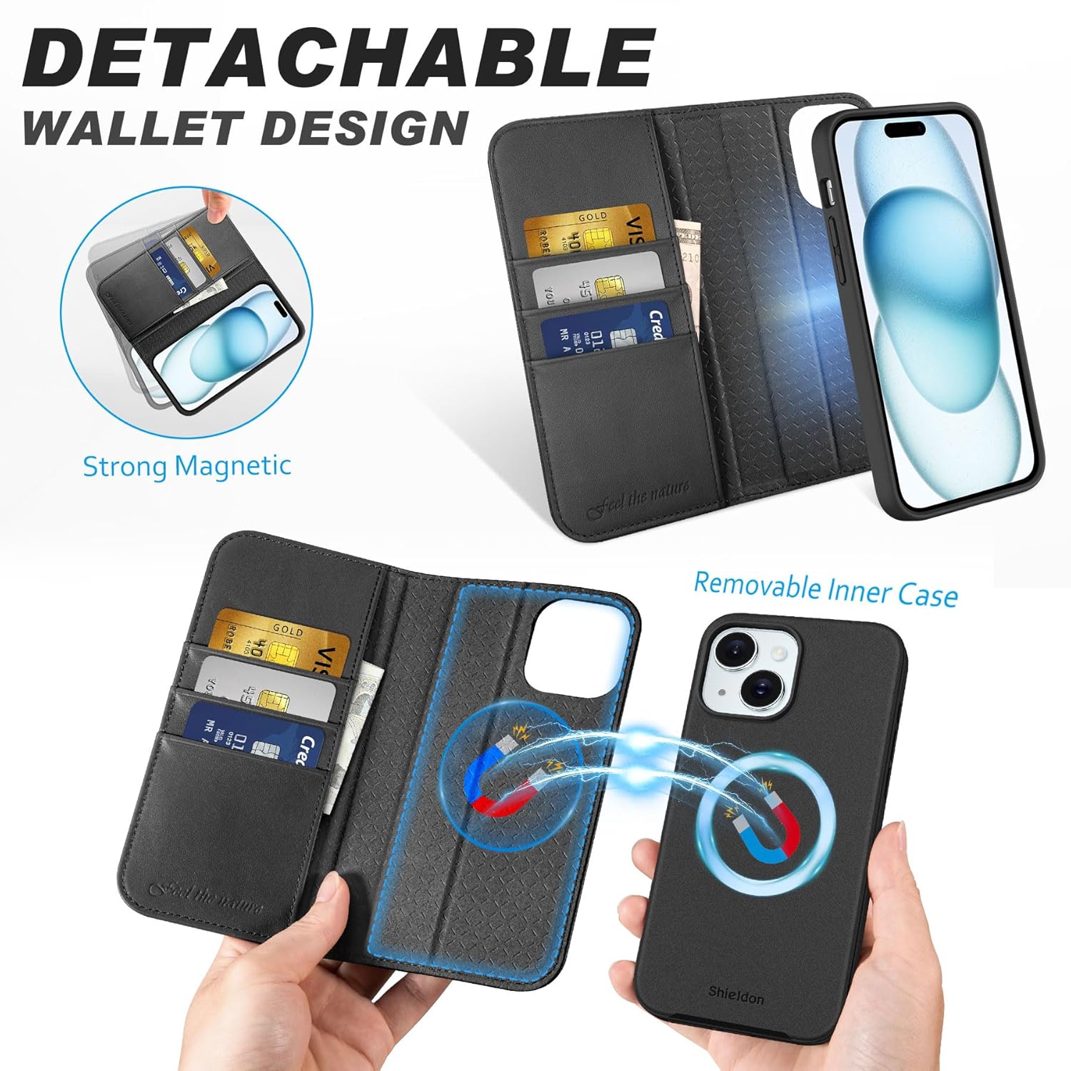 2 in 1 iPhone Detachable Wireless Charging Folio MagSafe Case and Cover RFID Blocking Card wallet Slots Removable Cover for iPhone