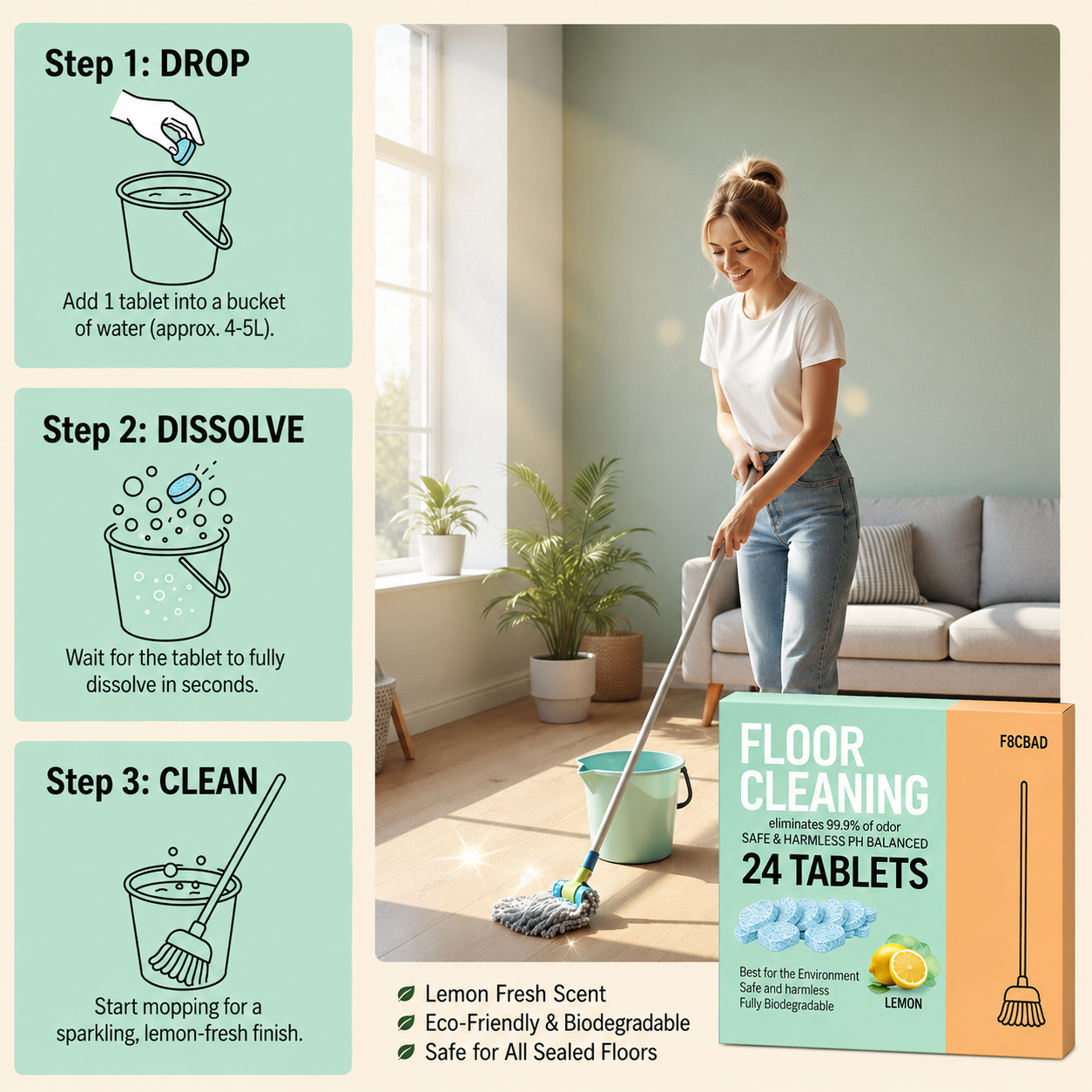 Floor Cleaning Tablets, PH Balanced Environment Safe, Biodegradable, Fresh Lemon Fragrance( Pack of 24 Tablets)